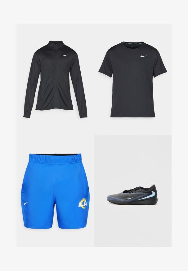 Juodas sportinis švarkas su ilgomis rankovėmis, apykakle ir pilnu užtrauktuku. Yra subtilus baltas Nike logotipas kairėje krūtinės pusėje. Lygus tekstūra.; Juodas Nike bėgimo marškinėlis, pagamintas iš lengvos, kvėpuojančios medžiagos, turintis trumpas rankoves ir mažą baltą logotipą ant krūtinės.; Nike Performance NFL LOS ANGELES RAMS VICTORY SHORT - Sportiniai šortai - hyper royal; Juoda ir mėlyna žema sportinė avalynė su tekstūruota paviršiumi, juodais nėriniais ir šviesiai mėlynomis Nike swoosh logotipais ant šono ir pado.