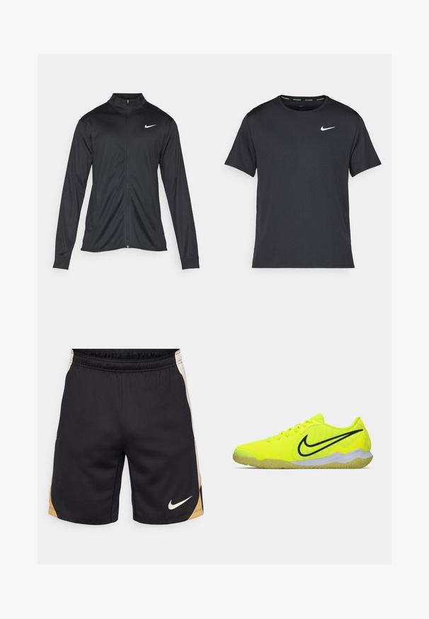 Juodas sportinis švarkas su ilgomis rankovėmis, apykakle ir pilnu užtrauktuku. Yra subtilus baltas Nike logotipas kairėje krūtinės pusėje. Lygus tekstūra.; Juodas Nike bėgimo marškinėlis, pagamintas iš lengvos, kvėpuojančios medžiagos, turintis trumpas rankoves ir mažą baltą logotipą ant krūtinės.; Juodos šortai su tekstūruota apdaila, su aukso akcentu kairėje pusėje ir užsiūtu baltu Nike logotipu dešinėje apačioje.; Neon geltonos sportinės bateliai su tekstūruotu viršumi, juodu Nike swoosh logotipu ir guminiu pado apdaila, turintys žemą profilį ir raištelių uždarymą.