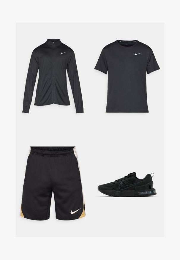 Jachetă sportivă neagră cu mâneci lungi, guler și fermoar complet. Prezintă un logo Nike subtil, alb, pe pieptul din stânga sus. Textură netedă.; Tricou de alergare Nike negru, fabricat dintr-un material ușor și respirabil, cu mâneci scurte și un mic logo alb pe piept.; Pantaloni scurți negri cu un finisaj texturat, având un accent auriu pe partea stângă și un logo Nike brodat alb în colțul din dreapta jos.; Pantofii atletici negri Nike au un superior din plasă, talpă din cauciuc, guler căptușit și un accent distinct transparent în călcâi.