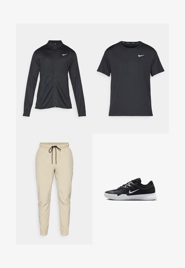Fekete sportdzseki hosszú ujjal, gallérral és teljes cipzárral. Diszkrét fehér Nike logóval az upper bal mellen. Sima textúra.; Fekete Nike futó póló, könnyű, légáteresztő anyagból készült, rövid ujjú, és a mellkasán egy kicsi fehér logó található.; Nike Performance UNLIMITED PANT - Tréningruha alsók - desert khaki/black; Fekete sportcipő texturált felsőrésszel, fehér Nike logóval és fehér gumitalppal. Fűzős kialakítással és dinamikus formával rendelkezik.