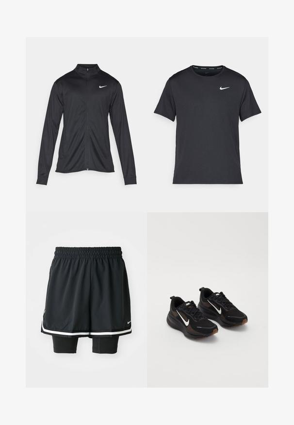 Melna sporta jaka ar garām piedurknēm, apkakli un pilnu rāvējslēdzēju. Uz kreisā krūts augšdaļas ir maigs Nike logo baltā krāsā. Gluda tekstūra.; Melna Nike skriešanas T-kreklā, kas izgatavots no viegla un elpojoša materiāla, ar īsām piedurknēm un mazu baltu logo uz krūtīm.; Melni sporta šorti ar elastīgu jostasvietu, ar brīvu ārējo slāni un pieguļošiem iekšējiem šortiem. Balti svītru akcenti gar apakšmalu.; Melni sporta apavi ar elpojošu poliestera augšdaļu, balto Nike zīmi, strukturētu zoli un kontrastējošiem brūniem akcentiem. Iekļauta pastiprināta papēža daļa.