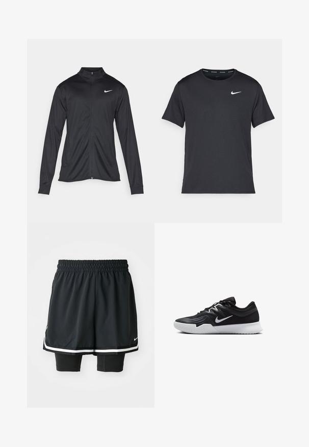 Svart idrettsjakke med lange ermer, krage og full glidelås. Har en subtil Nike-logo i hvitt på øvre venstre bryst. Glatt tekstur.; Svart Nike løpe-T-skjorte laget av lett, pustende stoff, med korte ermer og en liten hvit logo på brystet.; Svarte treningsshorts med elastisk midje, med et løst ytterlag og tettsittende indershorts. Hvite striper som detaljer i kanten.; Svart treningssko med teksturert overdel, hvit Nike-swoosh og hvit gummisåle. Har snøring og en dynamisk form.