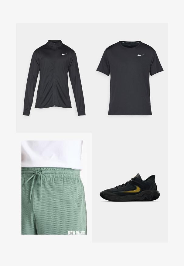 Svart idrettsjakke med lange ermer, krage og full glidelås. Har en subtil Nike-logo i hvitt på øvre venstre bryst. Glatt tekstur.; Svart Nike løpe-T-skjorte laget av lett, pustende stoff, med korte ermer og en liten hvit logo på brystet.; Lys grønne netshorts med elastisk talje og snore. Har små perforeringer for pusteevne og hvidt logo-detalje.; Svart og mørkegrå idrettssko med svarte lisser og gull swoosh-logo, med en bølget såle design og polstret hælkollare.