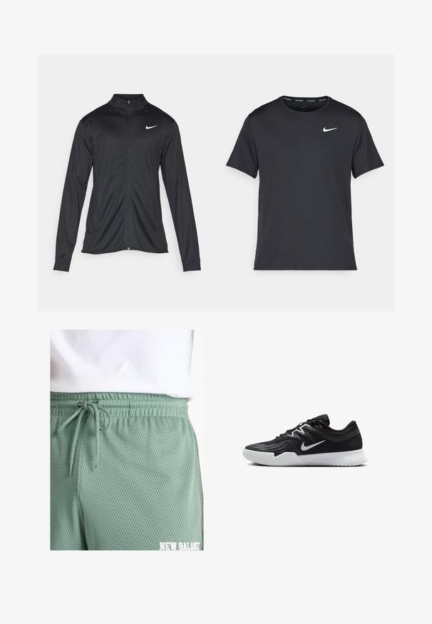 Crna sportska jakna s dugim rukavima, ovratnikom i punim patentnim zatvaračem. Ima suptilan Nike logo u bijeloj boji na gornjem lijevom dijelu prsne oznake. Glatka tekstura.; Crna Nike majica za trčanje napravljena od laganog, prozračnog materijala, s kratkim rukavima i malim bijelim logotipom na prsima.; Svijetlozelene mrežaste šortse s elastičnom trakom u struku i vezicom. Sadrže male perforacije za prozračnost i bijeli logo detalj.; Crna sportska cipela s teksturiranim gornjim dijelom, bijelim Nike swooshom i bijelim gumennim potplatom. Ima dizajn s vezanjem i dinamičan oblik.