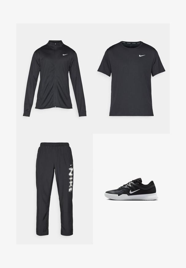 Čierna športová bunda s dlhými rukávmi, golierom a plným zipsom. Obsahuje nenápadné logo Nike v bielej farbe na hornej ľavej hrudi. Hladká textúra.; Čierne bežecké tričko Nike vyrobené z ľahkého a priedušného materiálu, s krátkymi rukávmi a malým bielym logom na hrudi.; Čierne športové nohavice s elastickým pásom, bočnými vreckami a bielym logom Nike na ľavej nohavici. Hladká textúra látky.; Čierna športová topánka s textúrovaným zvrškom, bielym logom Nike a bielou gumovou podrážkou. Má šnurovací dizajn a dynamický tvar.