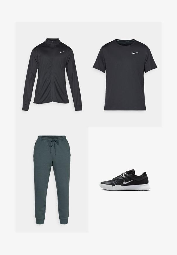 Schwarze Sportjacke mit langen Ärmeln, Kragen und voller Reißverschluss. Verfügt über ein dezentes Nike-Logo in Weiß auf der oberen linken Brust. Glatte Textur.; Schwarzes Nike Lauft-Shirt aus leichtem, atmungsaktivem Material, mit kurzen Ärmeln und einem kleinen weißen Logo auf der Brust.; Dunkelgraue Jogginghose mit elastischem Bund und Kordelzug. Mit Seitentaschen und schmal zulaufenden Bündchen an den Knöcheln. Weiche Textur.; Schwarzer Sportschuh mit strukturiertem Obermaterial, weißem Nike-Warenzeichen und einer weißen Gummisohle. Verfügt über ein Schnürdesign und eine dynamische Form.