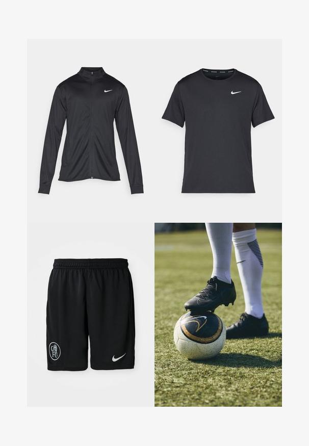 Black athletic jacket with long sleeves, collar, and full zipper. Features a subtle Nike logo in white on the upper left chest. Smooth texture.; Black Nike running T-shirt made of lightweight, breathable material, featuring short sleeves and a small white logo on the chest.; Black athletic shorts made of lightweight fabric, featuring an elastic waistband, side slits, a white Nike logo, and a round CFC emblem.; Black soccer cleat on a white and black patterned soccer ball, resting on green grass. The cleat features textured material and laces.