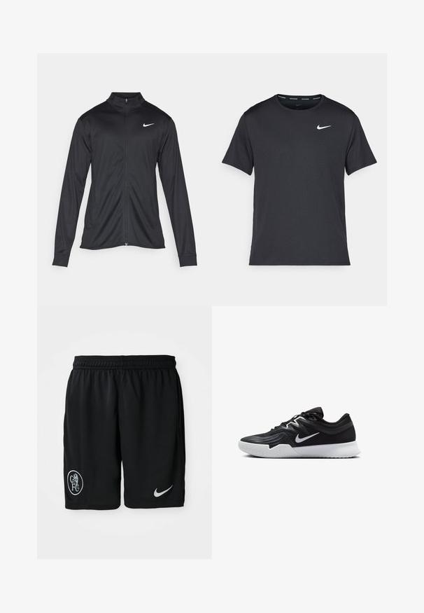 Sort atletisk jakke med lange ærmer, krave og fuld lynlås. Har et diskret Nike-logo i hvidt på den øverste venstre side af brystet. Glat tekstur.; Sort Nike løbe T-shirt lavet af let, åndbart materiale, med korte ærmer og et lille hvidt logo på brystet.; Sorte træningsshorts lavet af letvægtsstof, med elastisk talje, sideslids, et hvidt Nike-logo og et rundt CFC-emblem.; Sort atletiksko med en tekstureret overdel, hvid Nike swoosh og en hvid gummisål. Har en snørret design og dynamisk form.