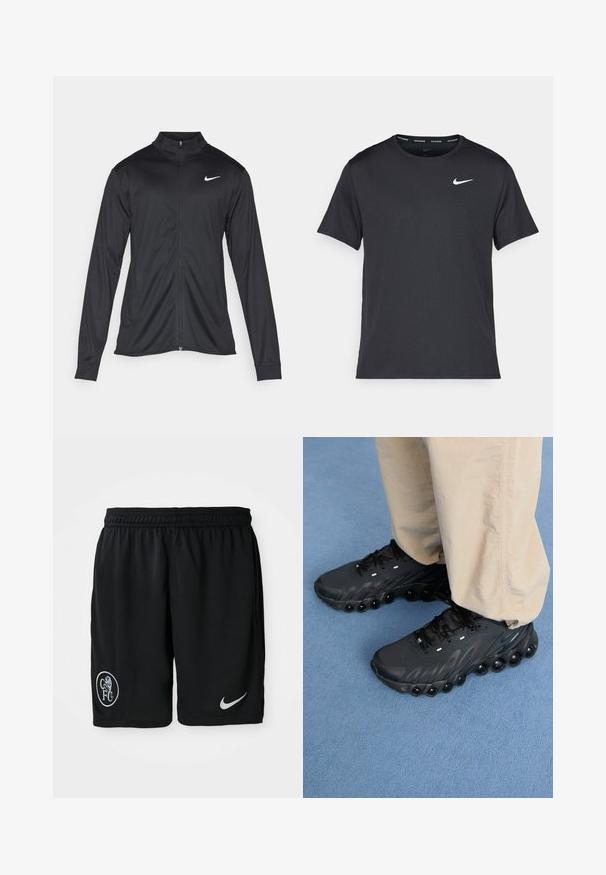 Musta urheilutakki pitkillä hihoilla, kauluksella ja kokonaisella vetoketjulla. Täydentää hienovarainen Nike-logo valkoisena vasemmassa ylärinnassa. Litteä pinta.; Musta Nike juoksupaita, joka on valmistettu kevyestä ja hengittävästä materiaalista. Paidassa on lyhyet hihnat ja pieni valkoinen logo rinnassa.; Mustat urheilushortsit, jotka on valmistettu kevyestä kankaasta, jossa on joustava vyötärö, sivuaukot, valkoinen Nike-logo ja pyöreä CFC-embleemi.; Mustat urheilukengät teksturoidulla päällisellä, kaarevalla pohjalla ja erottuvilla ilmapodeilla alaosassa. Varustettu nauhoilla ja heijastavilla yksityiskohdilla.