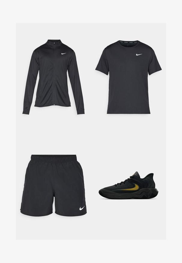 Must värvi sportlik jakk pikkade varrukatega, krae ja täispikk tõmblukk. Ülemises vasakus rinnas on diskreetne valge Nike logo. Sile tekstuur.; Mustamust Nike'i jooksupaita, mis on valmistatud kergest ja hingavast materjalist, lühikeste varrukatega ja mille rinnal on väike valge logo.; Mustad mustad treeningpüksid, mis on valmistatud kergest kangast, elastse vöökoha ja valge Nike logoga vasakus allnurgas.; Mustmust värvi ja tumeda halli sportlik king, millel on mustad paelad ja kuldne swooshi logo, ning laineline tald ja pehmendatud kand.