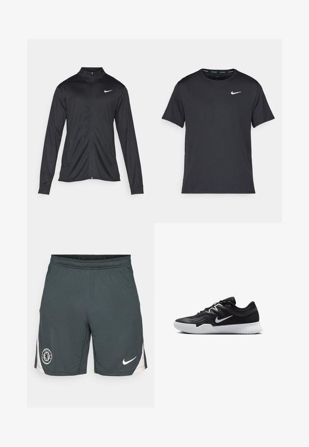 Must värvi sportlik jakk pikkade varrukatega, krae ja täispikk tõmblukk. Ülemises vasakus rinnas on diskreetne valge Nike logo. Sile tekstuur.; Mustamust Nike'i jooksupaita, mis on valmistatud kergest ja hingavast materjalist, lühikeste varrukatega ja mille rinnal on väike valge logo.; Tumed hallid spordilühikesed püksid valge Nike logo ja Chelsea jalgpalliklubi embleemiga, millel on valged külgpaneelid.; Must mustad jalanikesad rikaste ülaservaga, valge Nike swoosh'i ja valge kummist välispõhjaga. Omab paeltega sulgemisdetaili ja dünaamilist kuju.