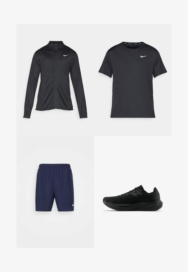 Jacket desportivo preto com mangas longas, colarinho e fecho zip completo. Apresenta um discreto logotipo da Nike em branco na parte superior do lado esquerdo do peito. Textura suave.; T-shirt de corrida Nike preto, feito de material leve e respirável, com mangas curtas e um pequeno logo branco no peito.; Nike Performance CHALLENGER - Calções desportivos - obsidian/obsidian/black/(reflective silv); Sapatilha atlética preta com parte superior texturizada, apresentando um design elegante, fecho com atacadores e uma sola mais espessa com padrão para melhorar a aderência.