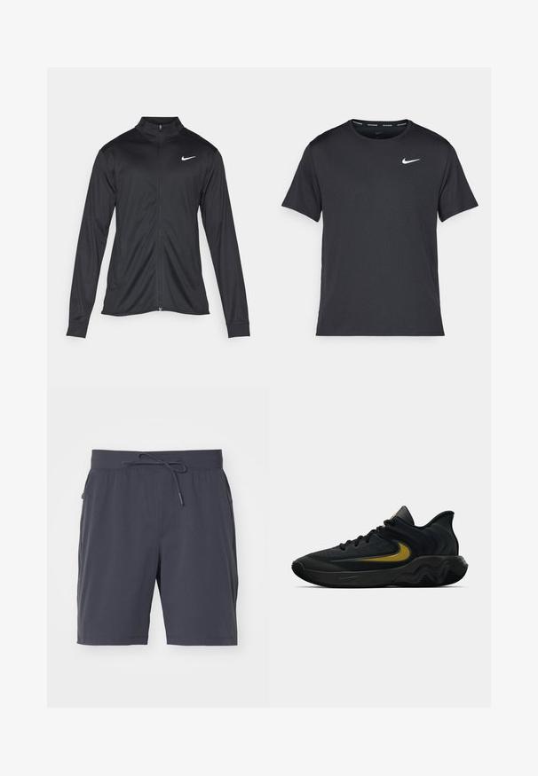 Černá sportovní bunda s dlouhými rukávy, límcem a plným zipem. Má decentní bílou logo značky Nike na horní levé části hrudi. Hladká textura.; Černé běžecké tričko Nike vyrobené z lehkého a prodyšného materiálu, s krátkými rukávy a malým bílým logem na hrudi.; Tmavě šedé šortky s elastickým pasem a šňůrkou. Hladká tkanina, dvě boční kapsy a délka ke kolenům. Žádné viditelné vzory.; Černá a tmavě šedá sportovní obuv s černými tkaničkami a zlatým logem ve tvaru síťoviny, s vlnitým designem podrážky a polstrovaným límcem kolem paty.