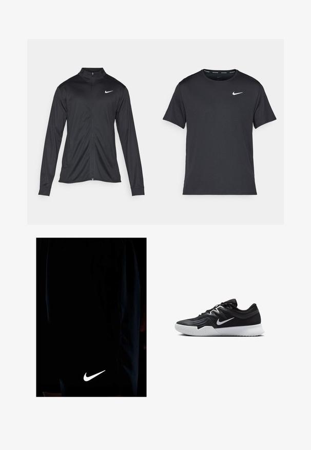 Giacca sportiva nera con maniche lunghe, colletto e zip completa. Presenta un logo Nike in bianco sulla parte superiore del lato sinistro del petto. Tessuto morbido.; Maglietta da corsa Nike nera realizzata in materiale leggero e traspirante, con maniche corte e un piccolo logo bianco sul petto.; Pantaloni corti neri realizzati in un tessuto leggero, con un logo Swoosh Nike bianco riflettente sul lato sinistro in basso.; Scarpa sportiva nera con tomaia testurizzata, logo Nike swoosh bianco e suola in gomma bianca. Presenta un design con lacci e una forma dinamica.