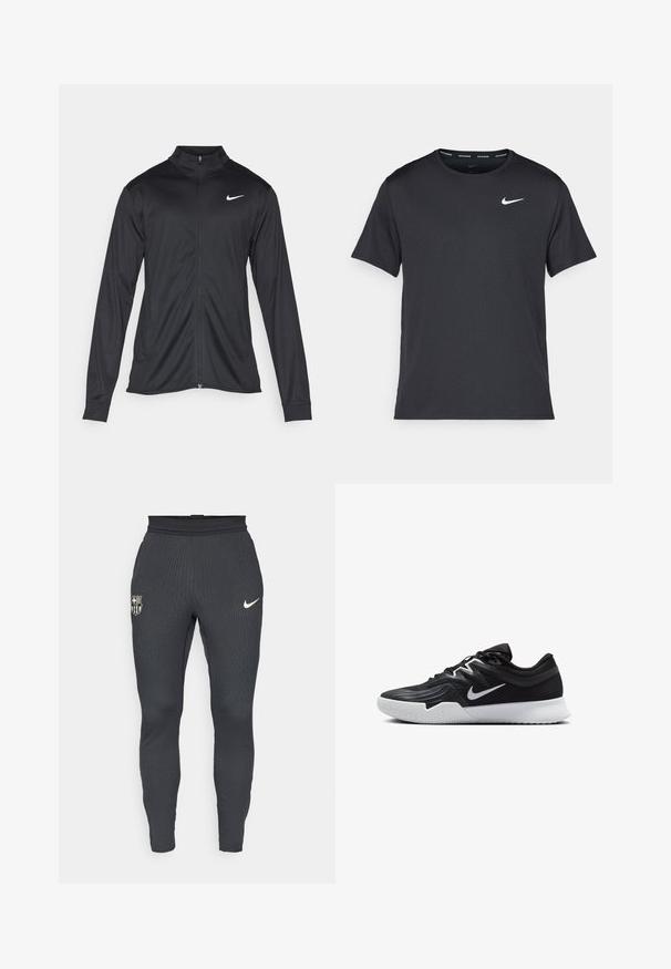 Giacca sportiva nera con maniche lunghe, colletto e zip completa. Presenta un logo Nike in bianco sulla parte superiore del lato sinistro del petto. Tessuto morbido.; Maglietta da corsa Nike nera realizzata in materiale leggero e traspirante, con maniche corte e un piccolo logo bianco sul petto.; Pantaloni sportivi grigi realizzati in tessuto a coste con un design aderente. Presentano un logo Nike e un crest dell'FC Barcelona sulla gamba sinistra.; Scarpa sportiva nera con tomaia testurizzata, logo Nike swoosh bianco e suola in gomma bianca. Presenta un design con lacci e una forma dinamica.