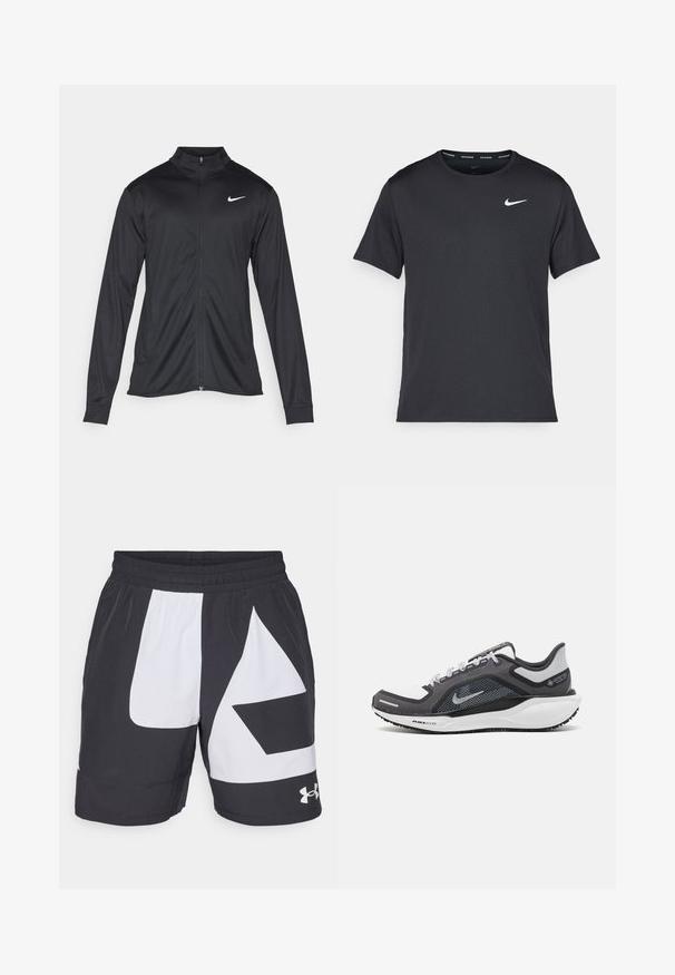 Crna sportska jakna s dugim rukavima, ovratnikom i punim patentnim zatvaračem. Ima suptilan Nike logo u bijeloj boji na gornjem lijevom dijelu prsne oznake. Glatka tekstura.; Crna Nike majica za trčanje napravljena od laganog, prozračnog materijala, s kratkim rukavima i malim bijelim logotipom na prsima.; Under Armour ZONE SHORT - Sportske kratke hlače - black/white; Crne i sive atletske cipele s mrežastim gornjim dijelom, reflektirajućim detaljima i bijelim među-djelom. Imaju strukturiranu gumenu potplate i vezice.