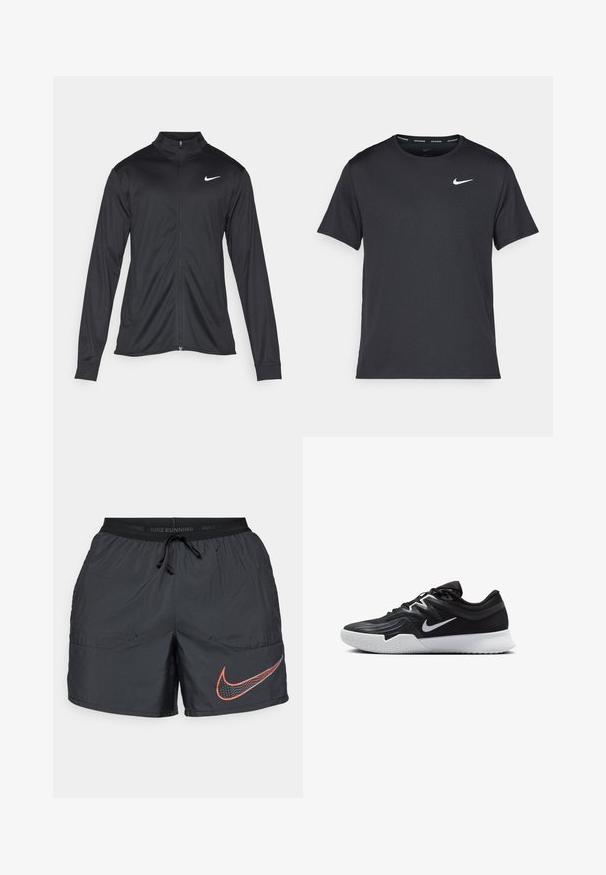 Schwarze Sportjacke mit langen Ärmeln, Kragen und voller Reißverschluss. Verfügt über ein dezentes Nike-Logo in Weiß auf der oberen linken Brust. Glatte Textur.; Schwarzes Nike Lauft-Shirt aus leichtem, atmungsaktivem Material, mit kurzen Ärmeln und einem kleinen weißen Logo auf der Brust.; Schwarze Nike-Laufsch shorts mit verstellbarem Kordelzugbund und großem roten und weißen Nike-Swoosh-Logo am linken Bein.; Schwarzer Sportschuh mit strukturiertem Obermaterial, weißem Nike-Warenzeichen und einer weißen Gummisohle. Verfügt über ein Schnürdesign und eine dynamische Form.