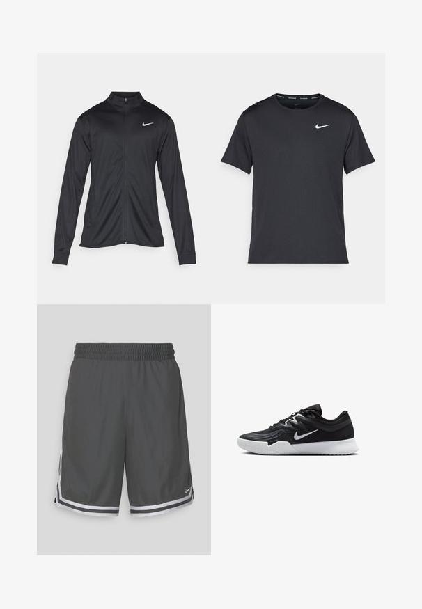 Jachetă sportivă neagră cu mâneci lungi, guler și fermoar complet. Prezintă un logo Nike subtil, alb, pe pieptul din stânga sus. Textură netedă.; Tricou de alergare Nike negru, fabricat dintr-un material ușor și respirabil, cu mâneci scurte și un mic logo alb pe piept.; Shorts sportivi negri din material mesh, având talie elastică, accente cu dungi albe și fante pe lateral pentru mobilitate. Logo-ul Nike este prezent.; Pantof sport negru cu un superior texturat, swoosh alb Nike și o tălpică din cauciuc alb. Dispune de un design cu șireturi și o formă dinamică.