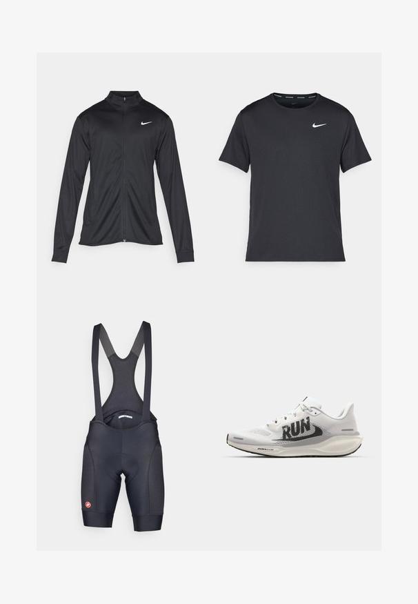 Juodas sportinis švarkas su ilgomis rankovėmis, apykakle ir pilnu užtrauktuku. Yra subtilus baltas Nike logotipas kairėje krūtinės pusėje. Lygus tekstūra.; Juodas Nike bėgimo marškinėlis, pagamintas iš lengvos, kvėpuojančios medžiagos, turintis trumpas rankoves ir mažą baltą logotipą ant krūtinės.; Juodai dviračių šortai su tinklinėmis petnešomis, paminkštintu sėdimu, ir tekstūruotais šonų paneliais. Yra logotipas apatinėje kojoje ir aptemptas dizainas.; Balti sportiniai bateliai su tinkleliu, dideliu juodu "RUN" spaudiniu, šviesiai pilkais akcentais ir paminkštintu padu su "AIR 200M" ženklu.