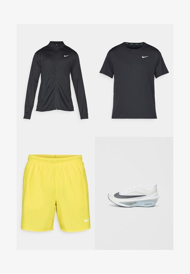 Musta urheilutakki pitkillä hihoilla, kauluksella ja kokonaisella vetoketjulla. Täydentää hienovarainen Nike-logo valkoisena vasemmassa ylärinnassa. Litteä pinta.; Musta Nike juoksupaita, joka on valmistettu kevyestä ja hengittävästä materiaalista. Paidassa on lyhyet hihnat ja pieni valkoinen logo rinnassa.; Keltaiset uimar shortsit, jotka on valmistettu sileästä, kevyestä kankaasta. Niissä on elastinen vyötärö ja valkoinen Nike-logo oikeassa alakulmassa.; Valkoiset urheilukengät, joissa on harmaa verkko-osa, sininen ZoomX-vaahtomidepohja ja kaareva ulkopohja parantamaan liikkuvuutta ja mukavuutta.