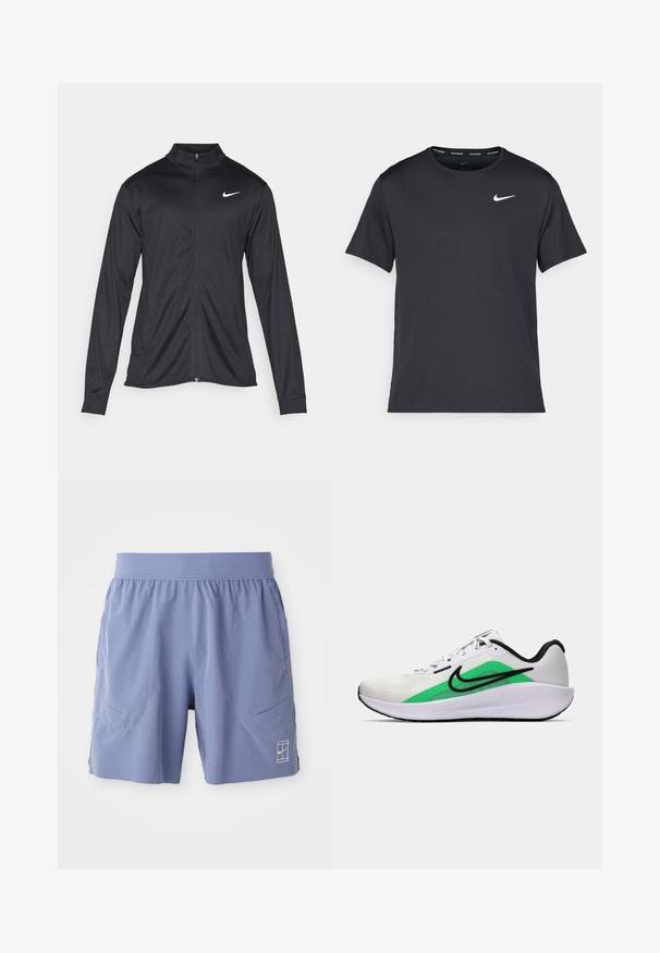 Must värvi sportlik jakk pikkade varrukatega, krae ja täispikk tõmblukk. Ülemises vasakus rinnas on diskreetne valge Nike logo. Sile tekstuur.; Mustamust Nike'i jooksupaita, mis on valmistatud kergest ja hingavast materjalist, lühikeste varrukatega ja mille rinnal on väike valge logo.; Heledadsinise värvi spordilühikesed püksid, millel on elastne vöökoht, kaks külgtaskut ja väike valge logo alumisel paremal ees. Siledat tekstuuri.; Valge spordijalats, millel on roheline aktsent, must logo, võrkmaterjalist pealisosa, pehmendusega tallad ja ümar kannaosa. Omab paelu ja kontrastset detaili.