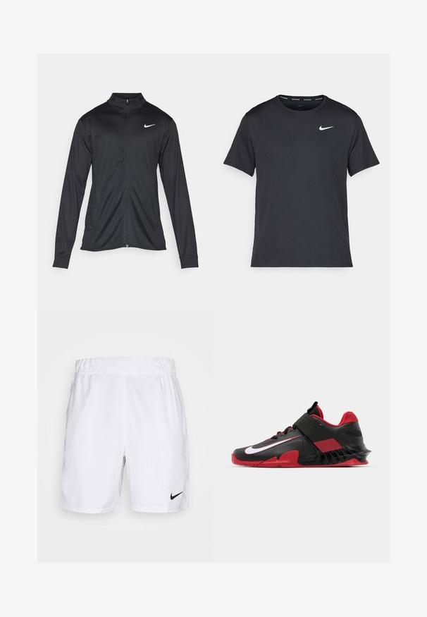 Jachetă sportivă neagră cu mâneci lungi, guler și fermoar complet. Prezintă un logo Nike subtil, alb, pe pieptul din stânga sus. Textură netedă.; Tricou de alergare Nike negru, fabricat dintr-un material ușor și respirabil, cu mâneci scurte și un mic logo alb pe piept.; Nike Performance M NKCT DF VICTORY 7IN - Pantaloni scurți sport - white/black; Adidași sport negri și roșii, cu un design elegant, superior din plasă texturată, talpă din cauciuc robustă și un accent proeminent al logo-ului alb.