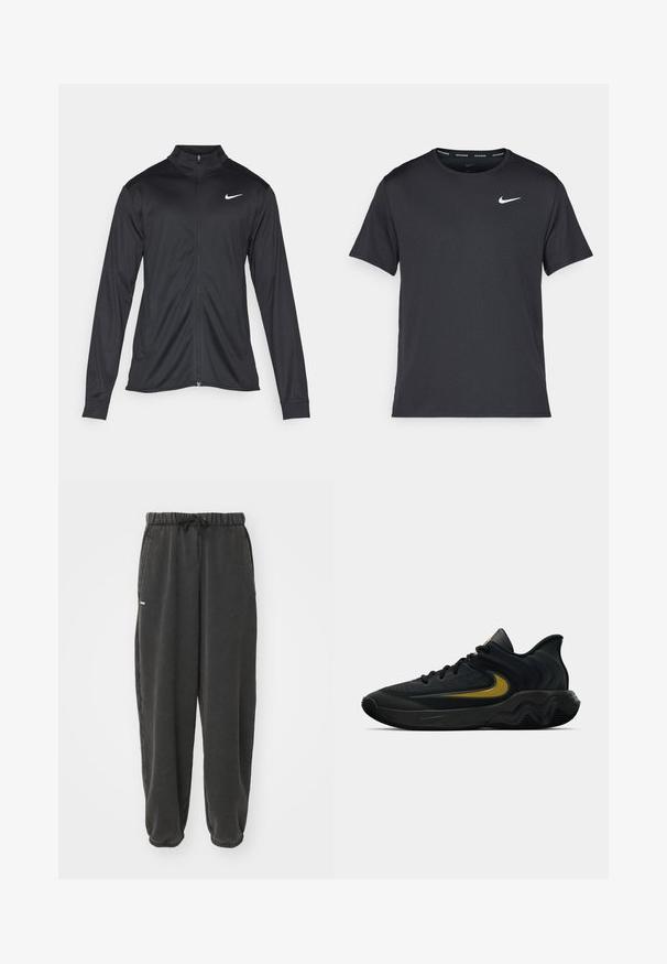 Črna atletska jakna z dolgimi rokavi, ovratnikom in polnim zadrgo. Vključuje diskreten bel Nike logotip na zgornjem levem delu prsnega koša. Gladka tekstura.; Črna tekaška majica Nike, izdelana iz lahkega in zračnega materiala, z kratkimi rokavi in majhnim belim logotipom na prsih.; Temne sive trenirke iz soft materiala, z elastičnim pasom in vrvico ter dvema stranskima žepoma. Preprost, zožen dizajn.; Črne in temno sivo športne čevlje z črnimi vezalkami in zlatim logotipom v obliki kljukice, ki imajo valovito oblikovan podplat in oblazinjen zgornji del pete.