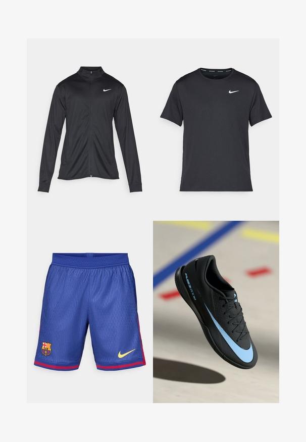 Jachetă sportivă neagră cu mâneci lungi, guler și fermoar complet. Prezintă un logo Nike subtil, alb, pe pieptul din stânga sus. Textură netedă.; Tricou de alergare Nike negru, fabricat dintr-un material ușor și respirabil, cu mâneci scurte și un mic logo alb pe piept.; Pantaloni scurți de fotbal albaștri din țesătură din plasă, cu un accent lateral în dungi roșii, logo-ul Barcelona și swoosh-ul galben Nike.; Pantof de sport negru cu accente albastre, suprafață texturată, design cu șireturi și logo-ul distinctiv Nike. Talpă din cauciuc cu modele de aderență.