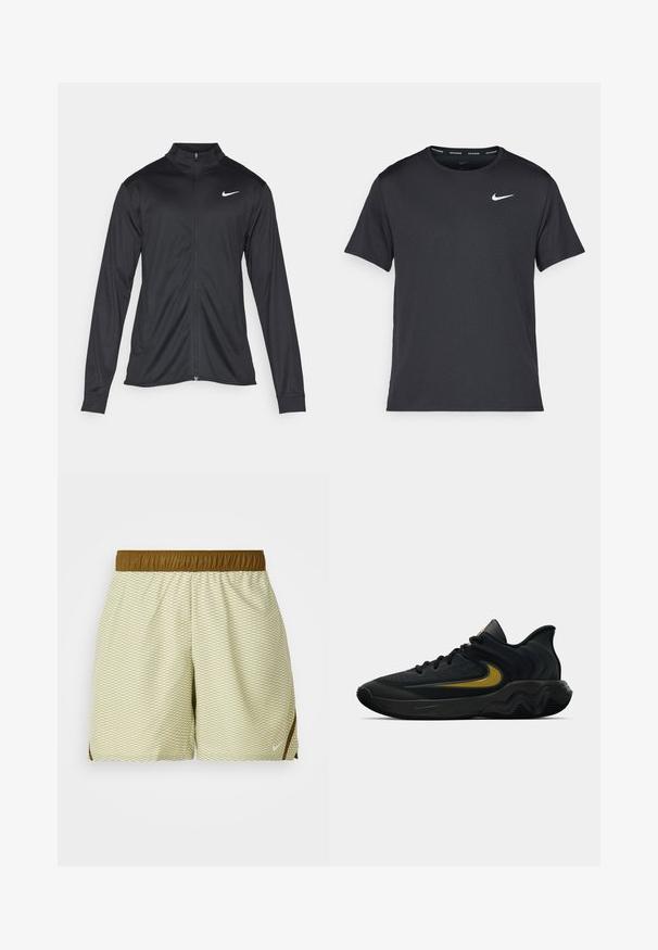 Fekete sportdzseki hosszú ujjal, gallérral és teljes cipzárral. Diszkrét fehér Nike logóval az upper bal mellen. Sima textúra.; Fekete Nike futó póló, könnyű, légáteresztő anyagból készült, rövid ujjú, és a mellkasán egy kicsi fehér logó található.; Világoszöld rövidnadrág gyémántmintával, rugalmas barna derékpánttal és oldalsó díszítésekkel. Lélegző anyagból készült, hogy kényelmes legyen.; Fekete és sötétszürke sportcipő fekete fűzővel és arany swoosh logóval, hullámos talpformával és párnázott sarokpánttal.