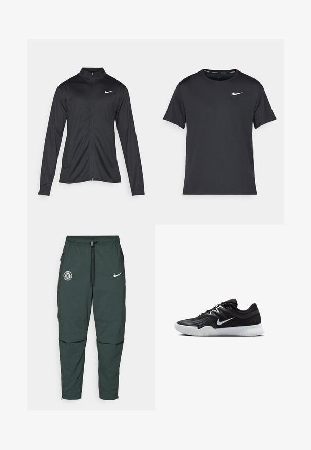 Black athletic jacket with long sleeves, collar, and full zipper. Features a subtle Nike logo in white on the upper left chest. Smooth texture.; Black Nike running T-shirt made of lightweight, breathable material, featuring short sleeves and a small white logo on the chest.; Dark green athletic pants with an elastic waistband, zippered side pockets, Chelsea FC logo, and white Nike swoosh on the front.; Black athletic shoe with a textured upper, white Nike swoosh, and a white rubber outsole. Features a lace-up design and dynamic shape.