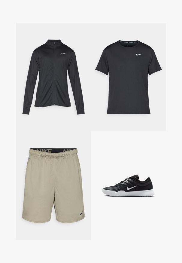 Black athletic jacket with long sleeves, collar, and full zipper. Features a subtle Nike logo in white on the upper left chest. Smooth texture.; Black Nike running T-shirt made of lightweight, breathable material, featuring short sleeves and a small white logo on the chest.; Light khaki Nike shorts with an elastic waistband featuring a black brand logo and a small black swoosh on the lower left leg.; Black athletic shoe with a textured upper, white Nike swoosh, and a white rubber outsole. Features a lace-up design and dynamic shape.