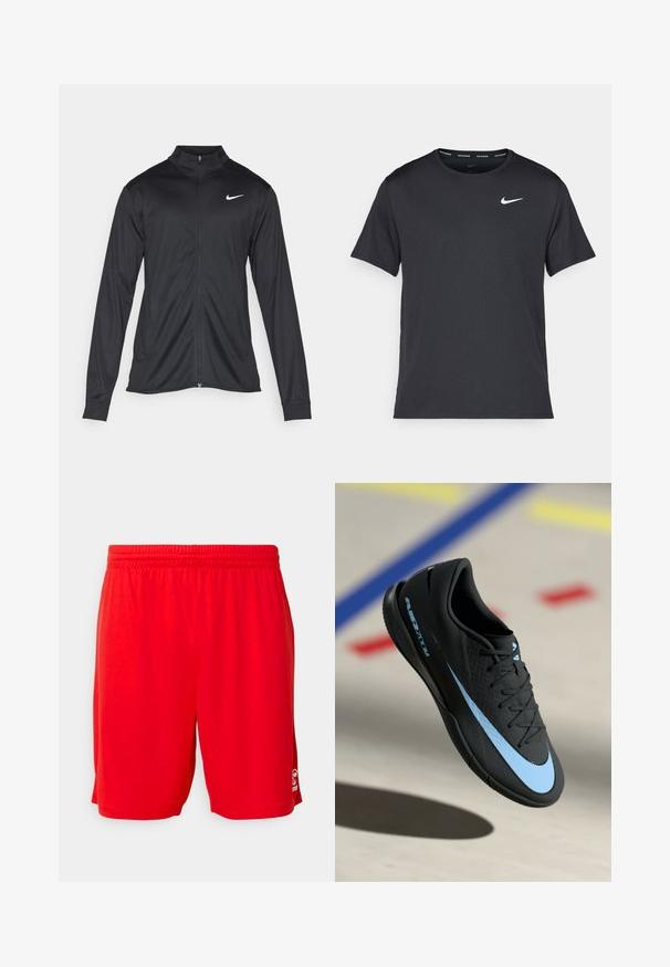 Fekete sportdzseki hosszú ujjal, gallérral és teljes cipzárral. Diszkrét fehér Nike logóval az upper bal mellen. Sima textúra.; Fekete Nike futó póló, könnyű, légáteresztő anyagból készült, rövid ujjú, és a mellkasán egy kicsi fehér logó található.; Piros sportnadrág könnyű anyagból, rugalmas derékszíjjal, sima textúrával és logó részlettel a jobb alsó sarokban.; Fekete sportcipő kék akcentusokkal, textúrált felülettel, fűzős kialakítással és jellegzetes Nike logóval. Gumitalp, amely grip mintázattal rendelkezik.