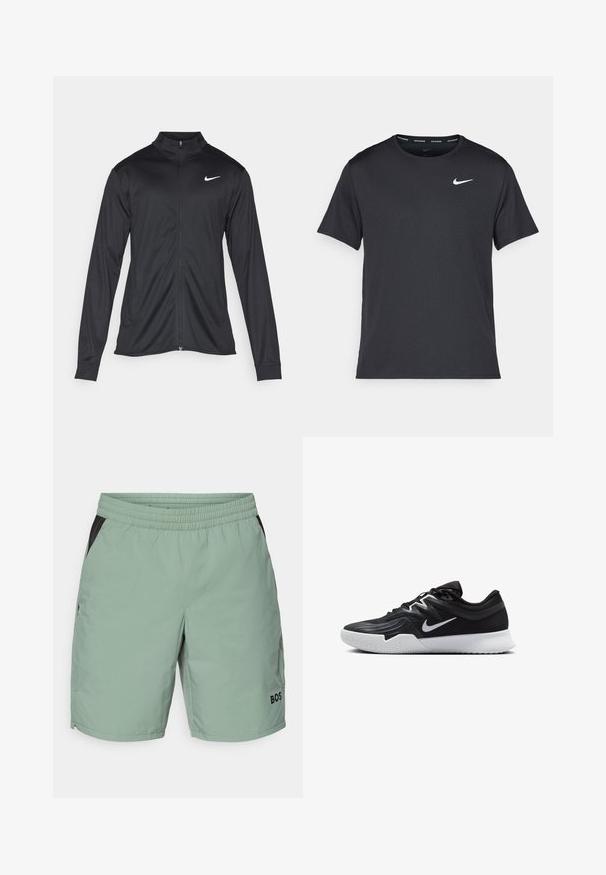 Melna sporta jaka ar garām piedurknēm, apkakli un pilnu rāvējslēdzēju. Uz kreisā krūts augšdaļas ir maigs Nike logo baltā krāsā. Gluda tekstūra.; Melna Nike skriešanas T-kreklā, kas izgatavots no viegla un elpojoša materiāla, ar īsām piedurknēm un mazu baltu logo uz krūtīm.; Gaiši zaļi šorti ar elastīgu jostasvīru, melnām sānu akcentiem, plakaniem priekšējiem kabatām un logotipa detaļu apakšējā kreisajā kājā.; Melni sporta apavi ar teksturētu virsu, balto Nike zulumu un balto gumijas zoli. Iezīmējas ar auklu pievilkšanas dizainu un dinamisku formu.
