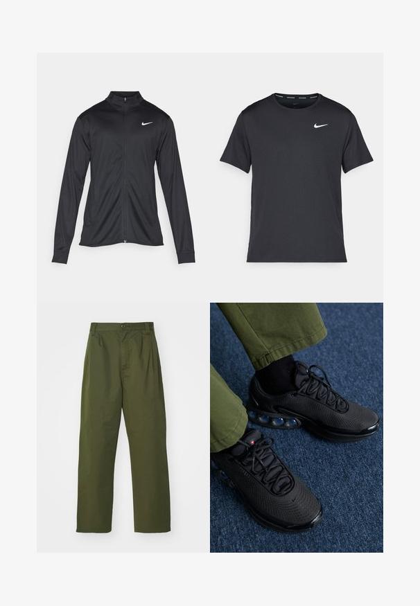 Fekete sportdzseki hosszú ujjal, gallérral és teljes cipzárral. Diszkrét fehér Nike logóval az upper bal mellen. Sima textúra.; Fekete Nike futó póló, könnyű, légáteresztő anyagból készült, rövid ujjú, és a mellkasán egy kicsi fehér logó található.; Olívazöld, magas derekú nadrág, egyenes lábformával. Könnyű anyagból készült, elöl redőzött és gombos záródással.; Fekete sportcipők hálós felsőrésszel, texturált felülettel és látható légpárnás betéttel. Olívazöld nadrággal és fekete zoknikkal párosítva.