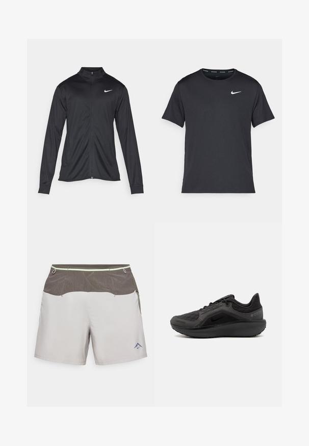 Melna sporta jaka ar garām piedurknēm, apkakli un pilnu rāvējslēdzēju. Uz kreisā krūts augšdaļas ir maigs Nike logo baltā krāsā. Gluda tekstūra.; Melna Nike skriešanas T-kreklā, kas izgatavots no viegla un elpojoša materiāla, ar īsām piedurknēm un mazu baltu logo uz krūtīm.; Gaiši pelēki šorti ar brūnu teksturētu jostu, elastīgu auklu un sānu kabatām. Apakšējā kreisajā pusē ir zils logo.; Melnas sporta kurpes ar teksturētu, izšūtu augšpusi, elegantu dizainu un melnu gumijas zoli. Piedāvā redzamu logotipu un Gore-Tex zīmola atzīmēšanu.