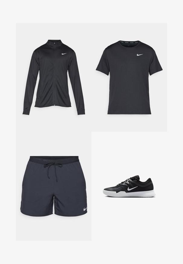 Black athletic jacket with long sleeves, collar, and full zipper. Features a subtle Nike logo in white on the upper left chest. Smooth texture.; Black Nike running T-shirt made of lightweight, breathable material, featuring short sleeves and a small white logo on the chest.; Nike running shorts, dark gray, elastic waist with drawstring, side pockets, lightweight fabric, featuring a white Nike logo on the lower hem.; Black athletic shoe with a textured upper, white Nike swoosh, and a white rubber outsole. Features a lace-up design and dynamic shape.