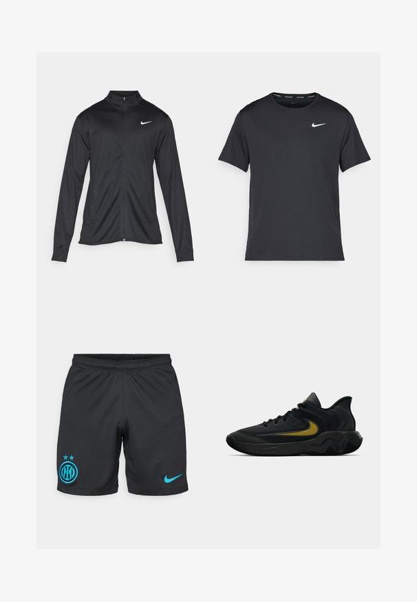 Musta urheilutakki pitkillä hihoilla, kauluksella ja kokonaisella vetoketjulla. Täydentää hienovarainen Nike-logo valkoisena vasemmassa ylärinnassa. Litteä pinta.; Musta Nike juoksupaita, joka on valmistettu kevyestä ja hengittävästä materiaalista. Paidassa on lyhyet hihnat ja pieni valkoinen logo rinnassa.; Mustat jalkapalloshortsit hengittävästä kankaasta, jossa on sininen Inter Milan -logo, kaksi tähteä ja pieni sininen Nike-merkki sivussa.; Musta ja tummanharmaa urheilukenkä mustilla nauhoilla ja kultaisella swoosh-logolla, jossa on aaltoileva pohjakuvio ja pehmustettu kantapään kaulus.