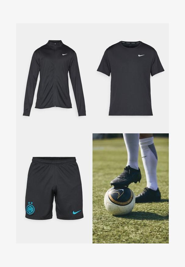 Black athletic jacket with long sleeves, collar, and full zipper. Features a subtle Nike logo in white on the upper left chest. Smooth texture.; Black Nike running T-shirt made of lightweight, breathable material, featuring short sleeves and a small white logo on the chest.; Black soccer shorts made of breathable fabric, featuring a blue Inter Milan logo with two stars and a small blue Nike swoosh on the side.; Black soccer cleat on a white and black patterned soccer ball, resting on green grass. The cleat features textured material and laces.