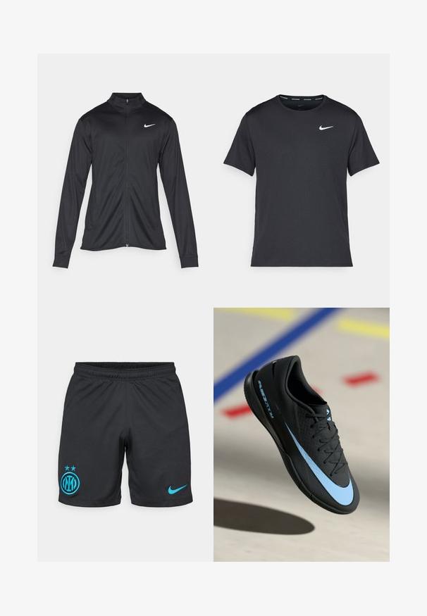 Zwarte sportjack met lange mouwen, kraag en volle rits. Voorzien van een subtiele Nike-logo in het wit op de bovenste linkerborst. Soepele textuur.; Zwarte Nike hardloop T-shirt gemaakt van lichtgewicht, ademend materiaal, met korte mouwen en een klein wit logo op de borst.; Zwarte voetbalkortingen van ademend materiaal, met een blauw Inter Milan-logo met twee sterren en een klein blauw Nike-swoosh aan de zijkant.; Zwarte sportschoen met blauwe accenten, gestructureerd oppervlak, vetersluiting en herkenbaar Nike-logo. Rubberen zool met grippatronen.