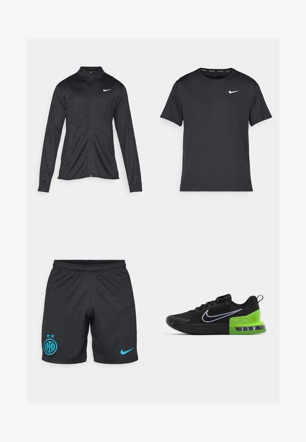 Čierna športová bunda s dlhými rukávmi, golierom a plným zipsom. Obsahuje nenápadné logo Nike v bielej farbe na hornej ľavej hrudi. Hladká textúra.; Čierne bežecké tričko Nike vyrobené z ľahkého a priedušného materiálu, s krátkymi rukávmi a malým bielym logom na hrudi.; Čierne futbalové šortky vyrobené z priedušného materiálu, s modrým logom Inter Milána s dvoma hviezdami a malým modrým logom Nike na boku.; Čierna atletická obuv s vrchným materiálom z priedušnej siete, s ešte zeleno-čiernou podrážkou s vzduchovým odpružením a bielym logom Nike swoosh.