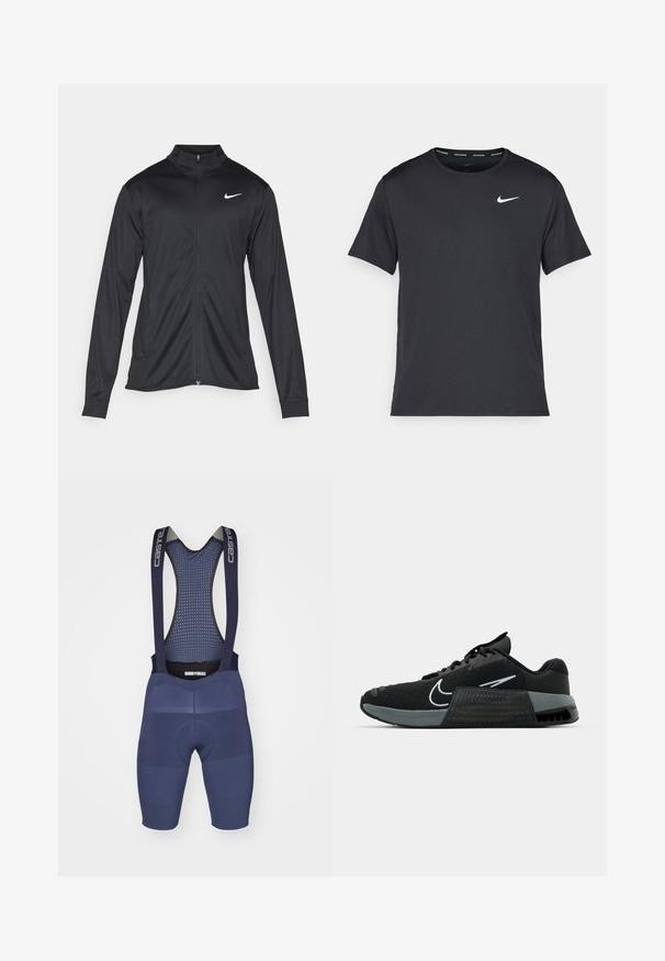 Jacket desportivo preto com mangas longas, colarinho e fecho zip completo. Apresenta um discreto logotipo da Nike em branco na parte superior do lado esquerdo do peito. Textura suave.; T-shirt de corrida Nike preto, feito de material leve e respirável, com mangas curtas e um pequeno logo branco no peito.; Calções de ciclismo de cor azul-marinho com alças em bib, apresentando uma parte de trás em malha respirável, assento acolchoado e detalhes em painel texturizado para conforto e ajuste.; Sapatilhas desportivas pretas com parte superior em malha, detalhes em cinza e entressola texturizada. Apresentam um logótipo proeminente e um design de atacadores. Sola de borracha para tração.