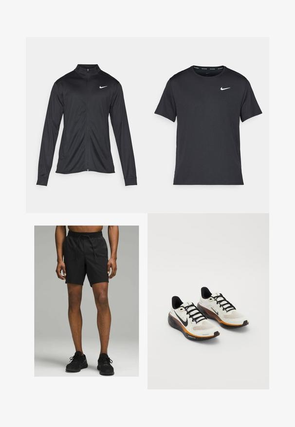 Must värvi sportlik jakk pikkade varrukatega, krae ja täispikk tõmblukk. Ülemises vasakus rinnas on diskreetne valge Nike logo. Sile tekstuur.; Mustamust Nike'i jooksupaita, mis on valmistatud kergest ja hingavast materjalist, lühikeste varrukatega ja mille rinnal on väike valge logo.; Mustad mustika värvi spordilühikesed püksid, millel on elastne vöökoht ja nöör, põlvekohale ulatuvad lõiked ning sujuv, kerge kangas.; Nike jooksujalatsid, millel on valge võrgusilma pealis, mustad paelte, oranž ja must talla koos täpikeste detailidega ning hingav disain.