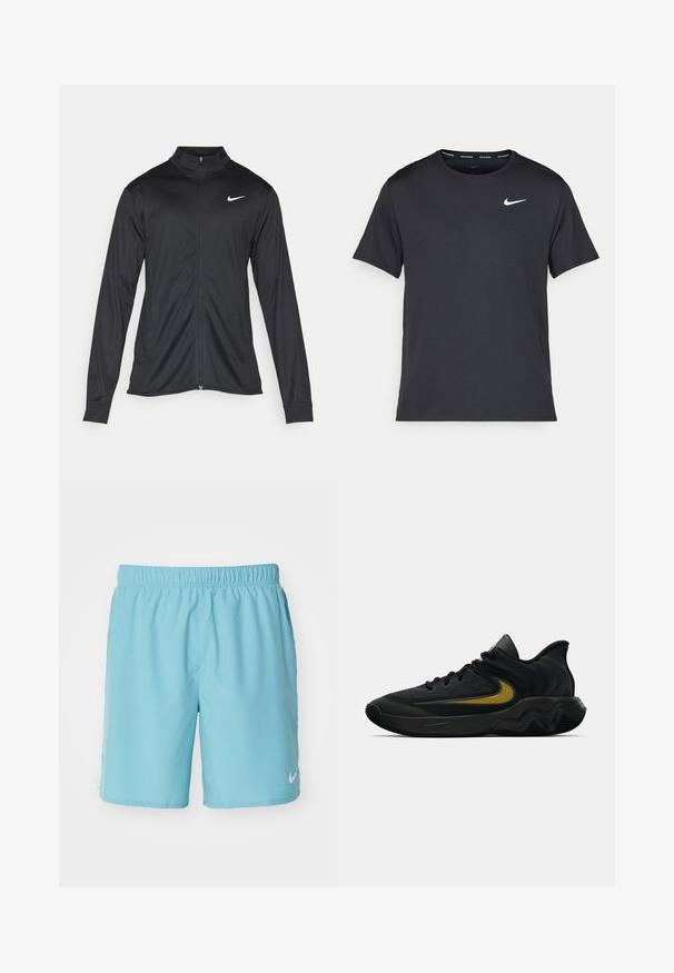 Juodas sportinis švarkas su ilgomis rankovėmis, apykakle ir pilnu užtrauktuku. Yra subtilus baltas Nike logotipas kairėje krūtinės pusėje. Lygus tekstūra.; Juodas Nike bėgimo marškinėlis, pagamintas iš lengvos, kvėpuojančios medžiagos, turintis trumpas rankoves ir mažą baltą logotipą ant krūtinės.; Nike Performance CHALLENGER SHORT - Sportiniai šortai - denim turq/glacier blue/black/silver; Juodos ir tamsiai pilkos sportinės bateliai su juodais raišteliais ir auksiniu šypsenėlių logotipu, turintys bangos formos pado dizainą ir paminkštintą kulkšnies apykaklę.