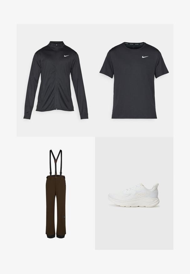 Juodas sportinis švarkas su ilgomis rankovėmis, apykakle ir pilnu užtrauktuku. Yra subtilus baltas Nike logotipas kairėje krūtinės pusėje. Lygus tekstūra.; Juodas Nike bėgimo marškinėlis, pagamintas iš lengvos, kvėpuojančios medžiagos, turintis trumpas rankoves ir mažą baltą logotipą ant krūtinės.; Rudos snieglenčių kelnės su reguliuojamais juodais petnešomis, užtrauktukais užsegamais kišenėmis, sustiprintais kraštais ir logotipo užklijuotu ženklu ant šlaunies.; Baltos bėgimo bateliai su tekstūruotu tinkleliu viršuje, storu paminkštintu padu ir iškilniu logotipu šone. Kengūros dizainas, užtikrinantis tvirtą prigludimą.