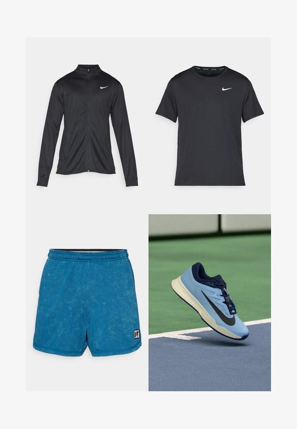 Jacket desportivo preto com mangas longas, colarinho e fecho zip completo. Apresenta um discreto logotipo da Nike em branco na parte superior do lado esquerdo do peito. Textura suave.; T-shirt de corrida Nike preto, feito de material leve e respirável, com mangas curtas e um pequeno logo branco no peito.; Calções de treino azuis com um acabamento desbotado. Cintura elástica com ribana preta. Apresenta um pequeno logótipo no canto inferior direito.; Shoe desportivo azul claro com realces em azul-marinho, parte superior em malha texturizada e logo Swoosh preto. Apresenta uma entressola acolchoada e sola de borracha.