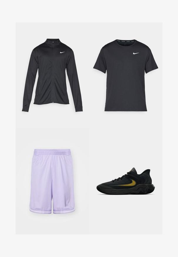 Musta urheilutakki pitkillä hihoilla, kauluksella ja kokonaisella vetoketjulla. Täydentää hienovarainen Nike-logo valkoisena vasemmassa ylärinnassa. Litteä pinta.; Musta Nike juoksupaita, joka on valmistettu kevyestä ja hengittävästä materiaalista. Paidassa on lyhyet hihnat ja pieni valkoinen logo rinnassa.; Vaaleanliilat urheilusortit, jotka on valmistettu hengittävästä verkkokankaasta. Niissä on joustava vyötärö ja voimakkaat valkoiset raidat helmassa.; Musta ja tummanharmaa urheilukenkä mustilla nauhoilla ja kultaisella swoosh-logolla, jossa on aaltoileva pohjakuvio ja pehmustettu kantapään kaulus.
