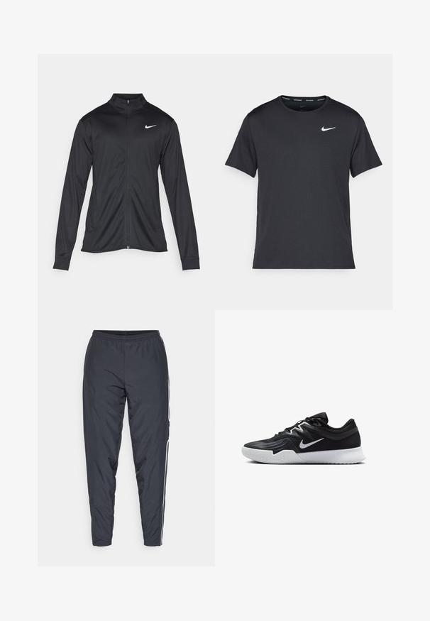 Svart idrettsjakke med lange ermer, krage og full glidelås. Har en subtil Nike-logo i hvitt på øvre venstre bryst. Glatt tekstur.; Svart Nike løpe-T-skjorte laget av lett, pustende stoff, med korte ermer og en liten hvit logo på brystet.; Mørkegrå treningsbukser laget av lett materiale. Har elastisk midjebånd og hvite sidestriper, som smalner inn ved anklene.; Svart treningssko med teksturert overdel, hvit Nike-swoosh og hvit gummisåle. Har snøring og en dynamisk form.