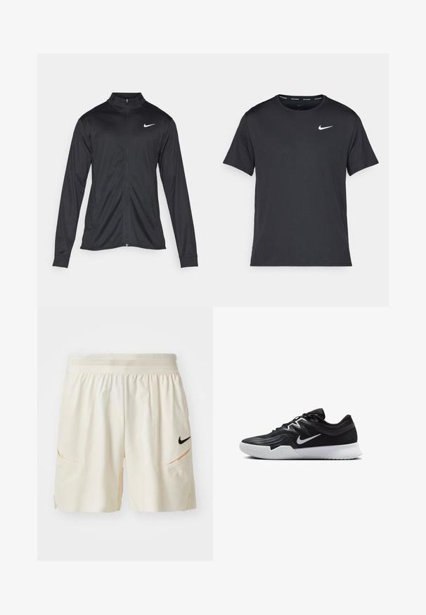 Juodas sportinis švarkas su ilgomis rankovėmis, apykakle ir pilnu užtrauktuku. Yra subtilus baltas Nike logotipas kairėje krūtinės pusėje. Lygus tekstūra.; Juodas Nike bėgimo marškinėlis, pagamintas iš lengvos, kvėpuojančios medžiagos, turintis trumpas rankoves ir mažą baltą logotipą ant krūtinės.; Šviesių grietinėlės spalvos šortai, pagaminti iš minkštos medžiagos, su tinklo juosmeniu, dviem šoninėmis kišenėmis ir mažuoju juodu Nike logo ant kairio šlaunies.; Juodos sportinės bateliai su tekstūruota viršutine dalimi, balta Nike swoosh ir balta gumine išorine dalimi. Yra su raištelių užsegimo dizainu ir dinamine forma.