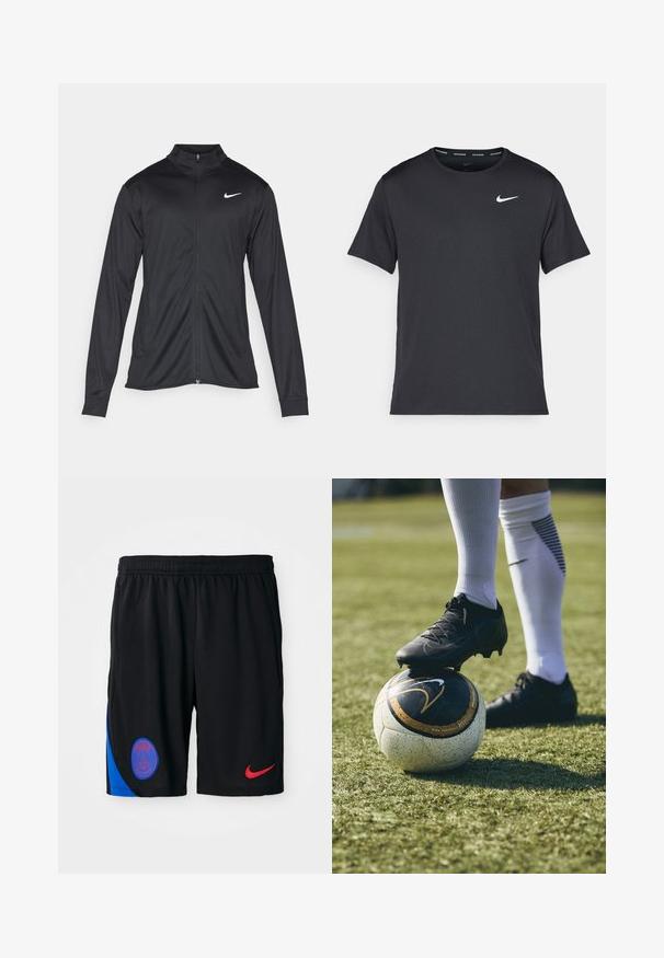 Musta urheilutakki pitkillä hihoilla, kauluksella ja kokonaisella vetoketjulla. Täydentää hienovarainen Nike-logo valkoisena vasemmassa ylärinnassa. Litteä pinta.; Musta Nike juoksupaita, joka on valmistettu kevyestä ja hengittävästä materiaalista. Paidassa on lyhyet hihnat ja pieni valkoinen logo rinnassa.; Mustat urheilushortsit, jotka on valmistettu kevyestä kankaasta ja joissa on joustava vyötärönauha. Sisältää sinisen sivupaneelin ja punaisen Nike-logon. Pariisin tunnus mukana.; Mustat jalkapallokengät valkoisella ja mustalla kuviollisella jalkapallolla, joka lepää vihreällä nurmella. Kengissä on teksturoitu pinta ja nauhat.
