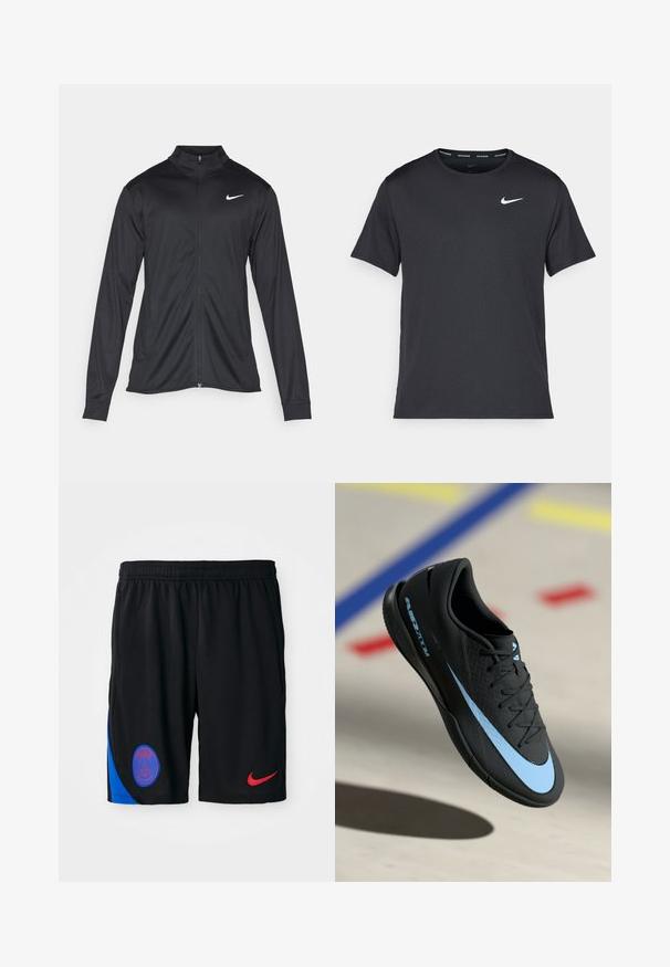 Giacca sportiva nera con maniche lunghe, colletto e zip completa. Presenta un logo Nike in bianco sulla parte superiore del lato sinistro del petto. Tessuto morbido.; Maglietta da corsa Nike nera realizzata in materiale leggero e traspirante, con maniche corte e un piccolo logo bianco sul petto.; Pantaloni sportivi neri realizzati in tessuto leggero con elastico in vita. Presentano un pannello laterale blu e il logo rosso della Nike. Inclusa l'emblema di Parigi.; Scarpa sportiva nera con dettagli blu, superficie testurizzata, design a lacci e logo Nike distintivo. Suola in gomma con pattern antiscivolo.